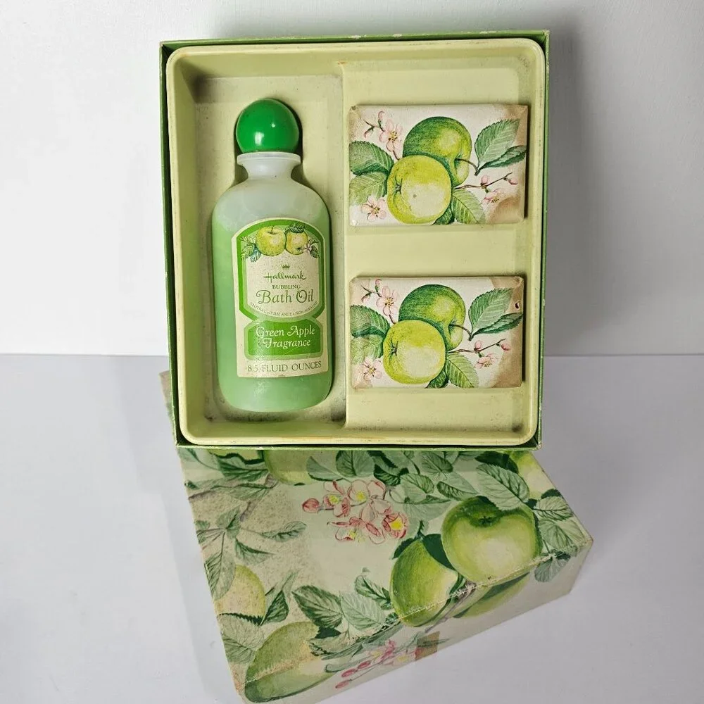 Vintage 70s Hallmark Scented Bath Ensemble Green Apple Fragrance Bath Collection